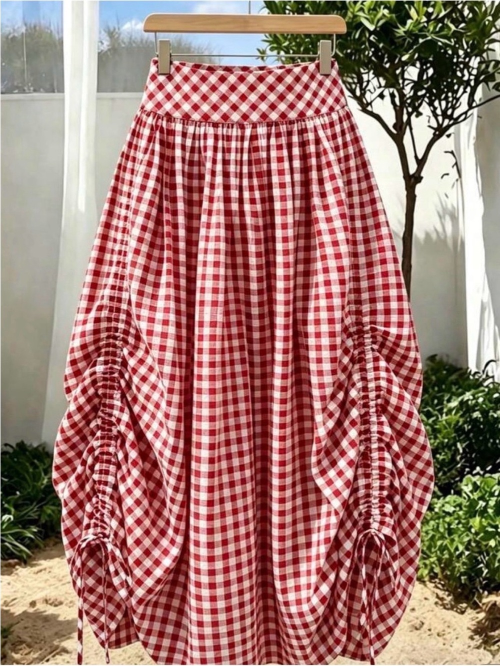 Red Gingham Ruched Maxi Skirt - Women